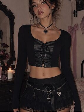 CAPSULLE Black Lace Up Faux Leather Dark Coquette Long Sleeve Crop Top Size S